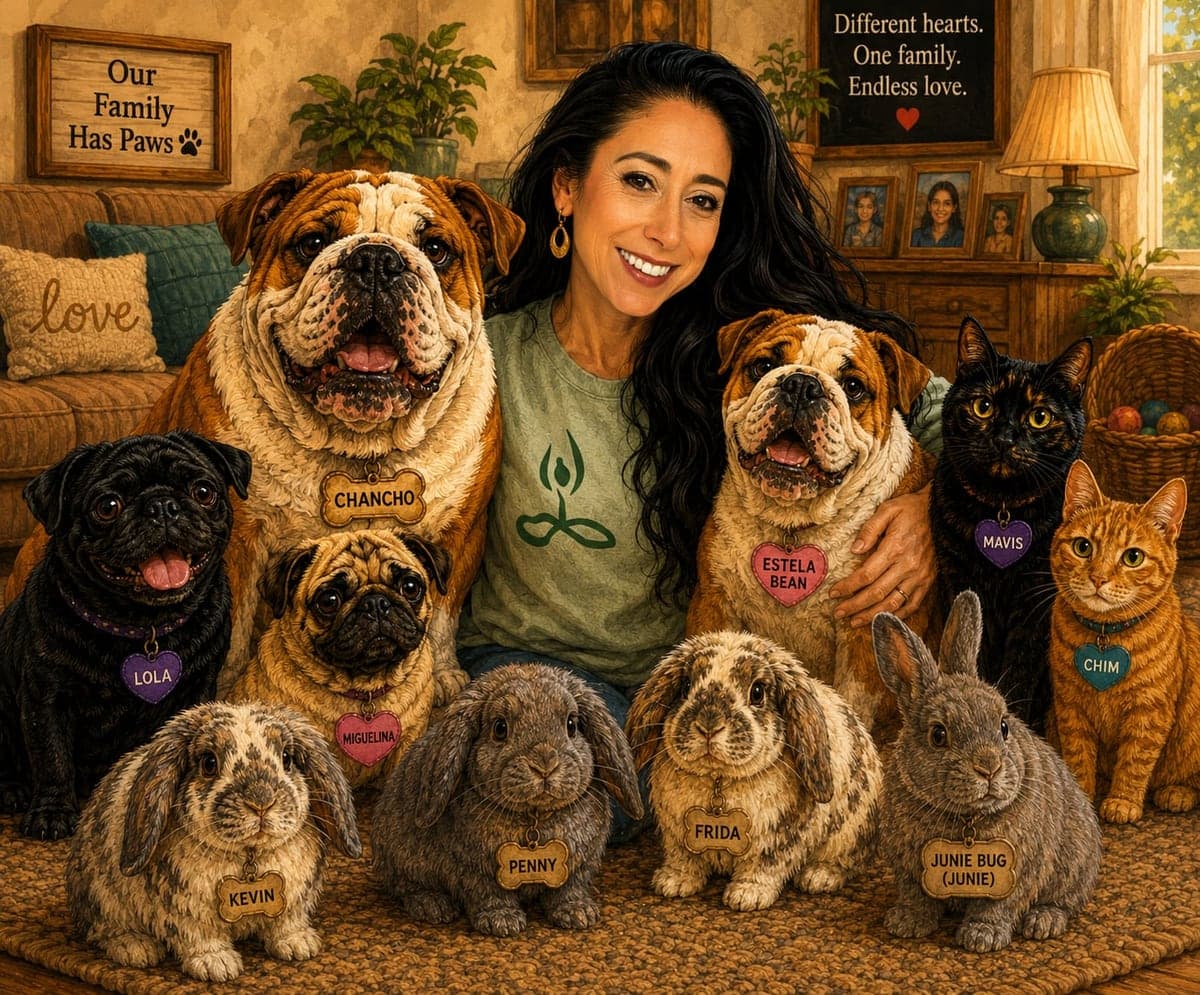 Gloria, a warm therapist and energy healer, smiling in her green Mindful Energy Healing shirt, surrounded by her beloved dogs, cats, and bunnies - Chancho, Estela Bean, and the whole family.