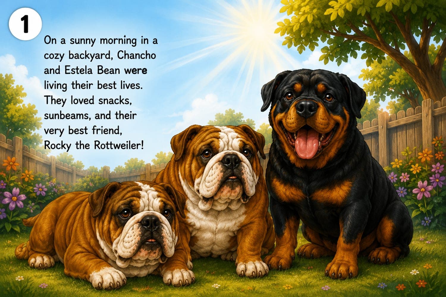 Chancho and Estela Bean with Rocky the Rottweiler in a sunny backyard