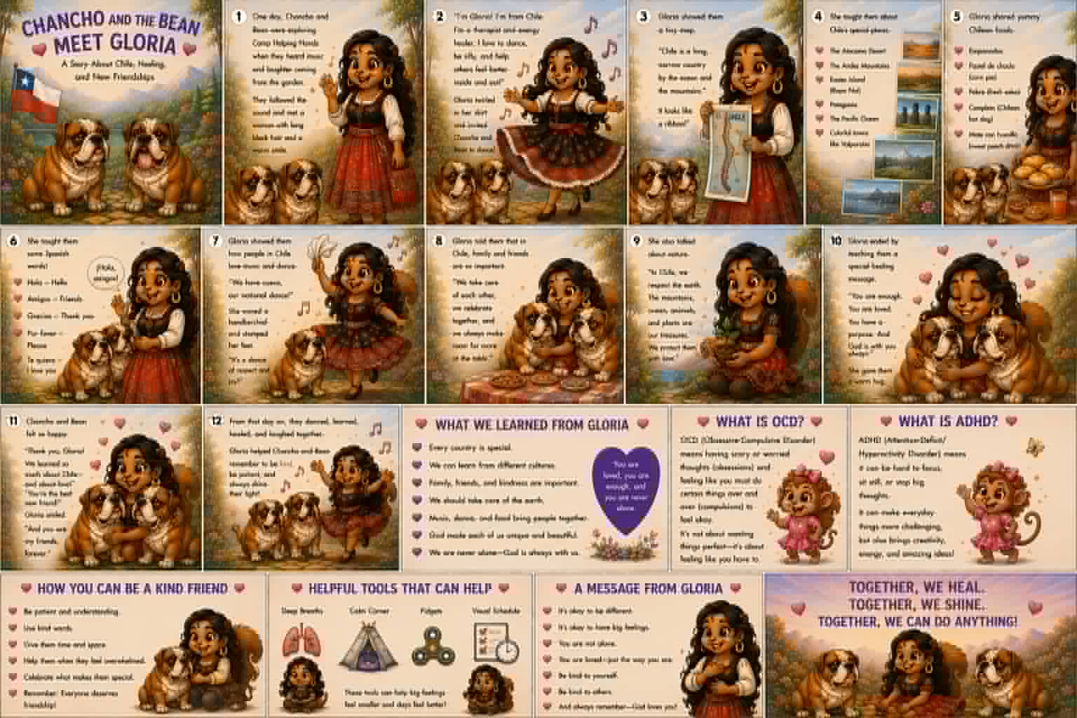 The illustrated story 'Chancho and the Bean meet Gloria,' where Gloria, a Chilean therapist and energy healer, teaches about kindness, OCD, ADHD, and faith.