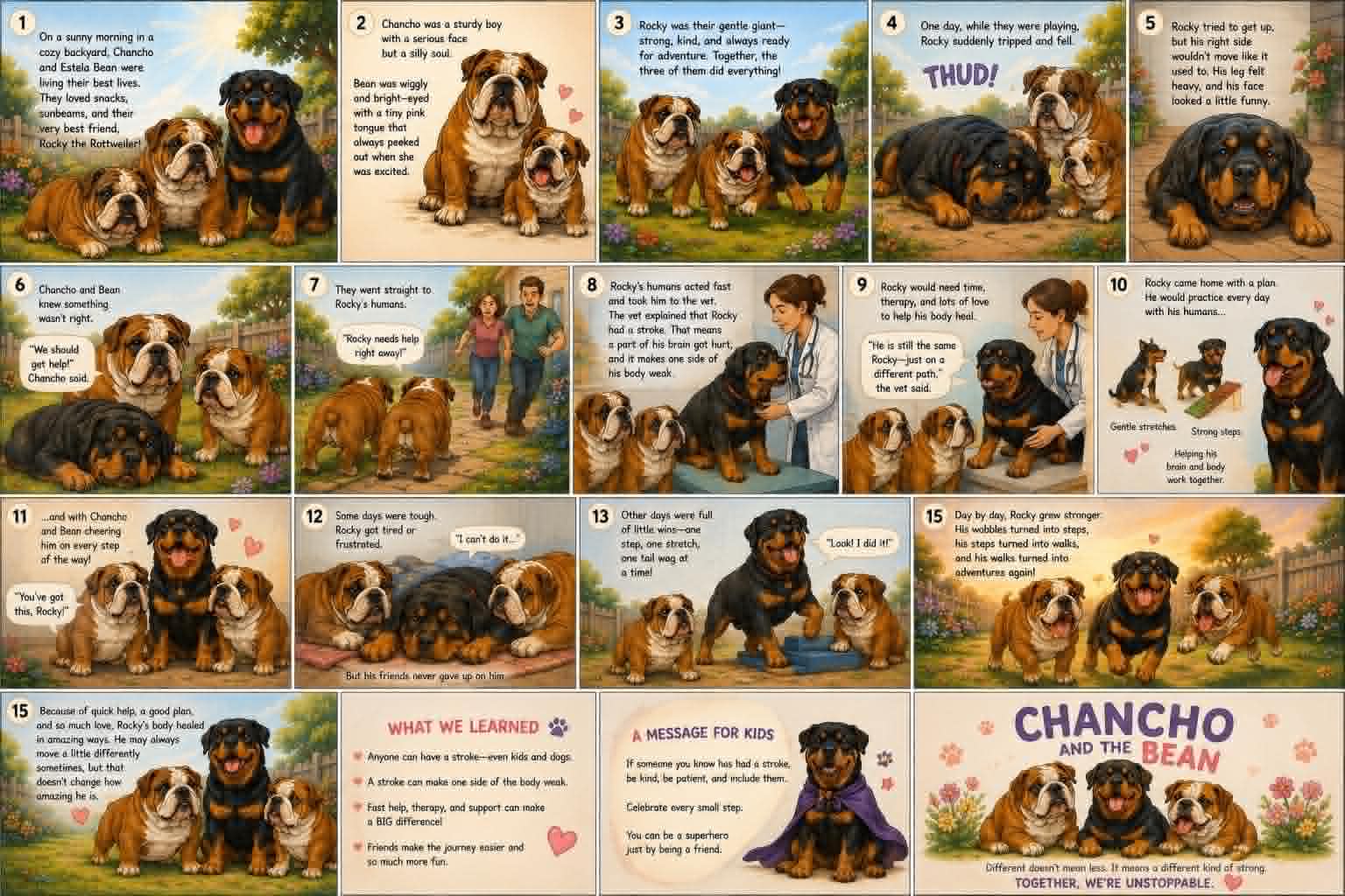 The full illustrated Chancho and the Bean story: Rocky the Rottweiler has a stroke and heals with the help of his friends, ending with 'Together, we're unstoppable.'
